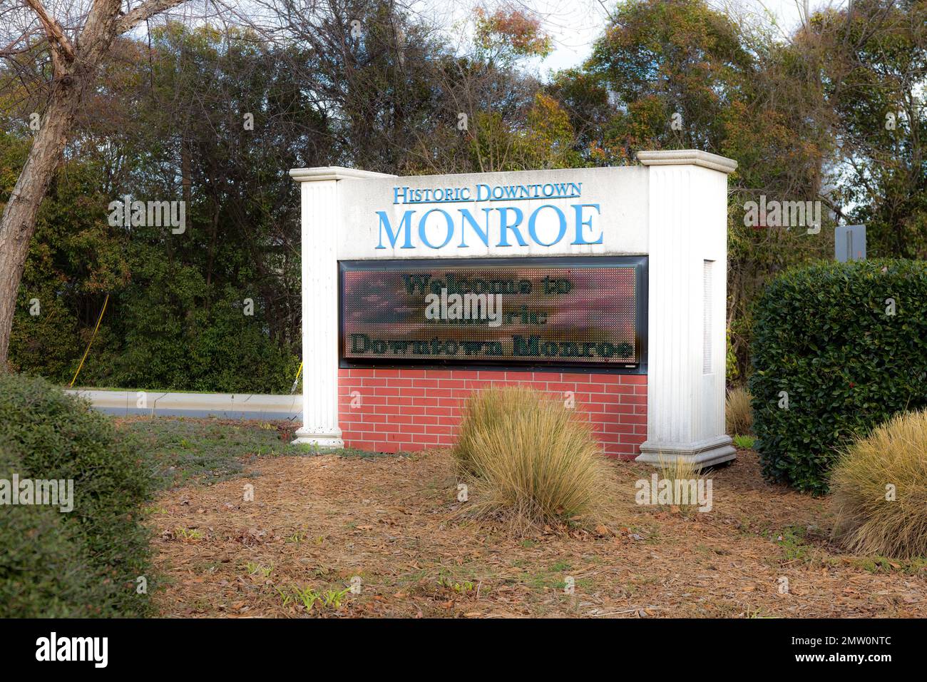 MONROE, NC, USA28 JAN 2023 Monument sign at entrance to downtown