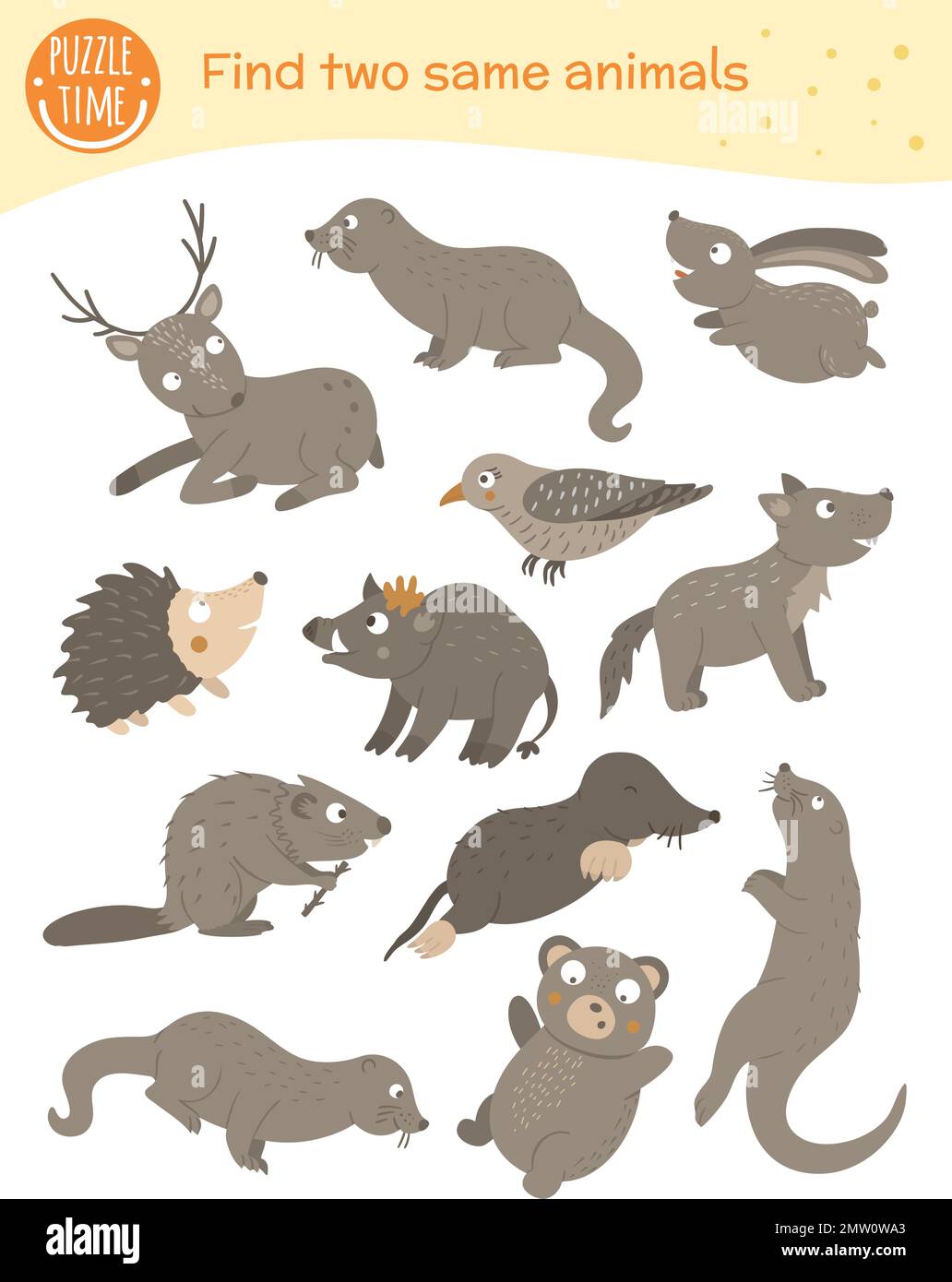 Find two same animals. Matching activity for children. Funny woodland