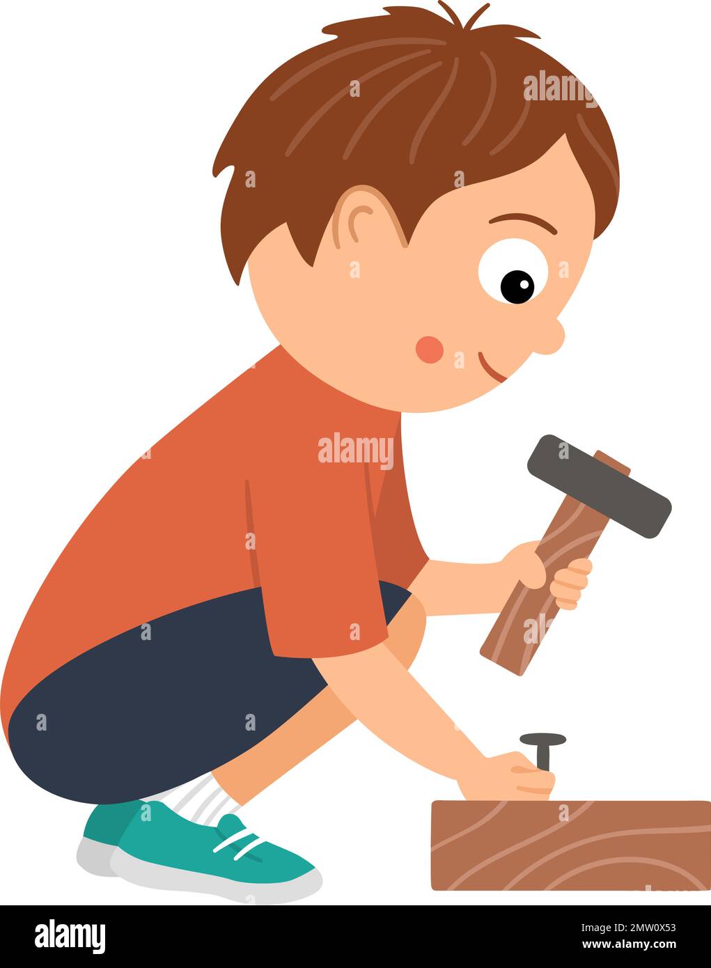 Vector working boy. Flat funny sitting kid character nailing up with a hammer. Craft lesson illustration. Concept of a child learning how to work with Stock Vector