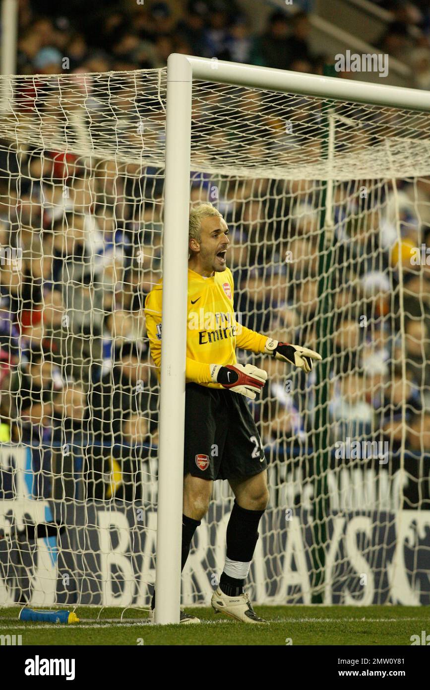 Arsenal goalkeeper Manuel Almunia playing against Reading in the Premier League on 13th November 2007.This image is bound by Dataco restrictions on how it can be used. EDITORIAL USE ONLY No use with unauthorised audio, video, data, fixture lists, club/league logos or “live” services. Online in-match use limited to 120 images, no video emulation. No use in betting, games or single club/league/player publications Stock Photo
