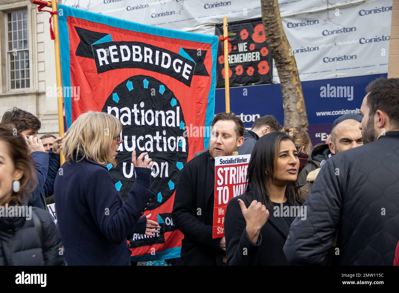 London, UK - 1 Feb, 2023. Protesters in Whitehall after marching from BBC in Protect The Right To Strike and Pay Up march. Thousands of teachers, workers and civil servants walk out in Day of Action. Credit: Sinai Noor/Alamy Live News (EDITORIAL USAGE ONLY!) Stock Photo
