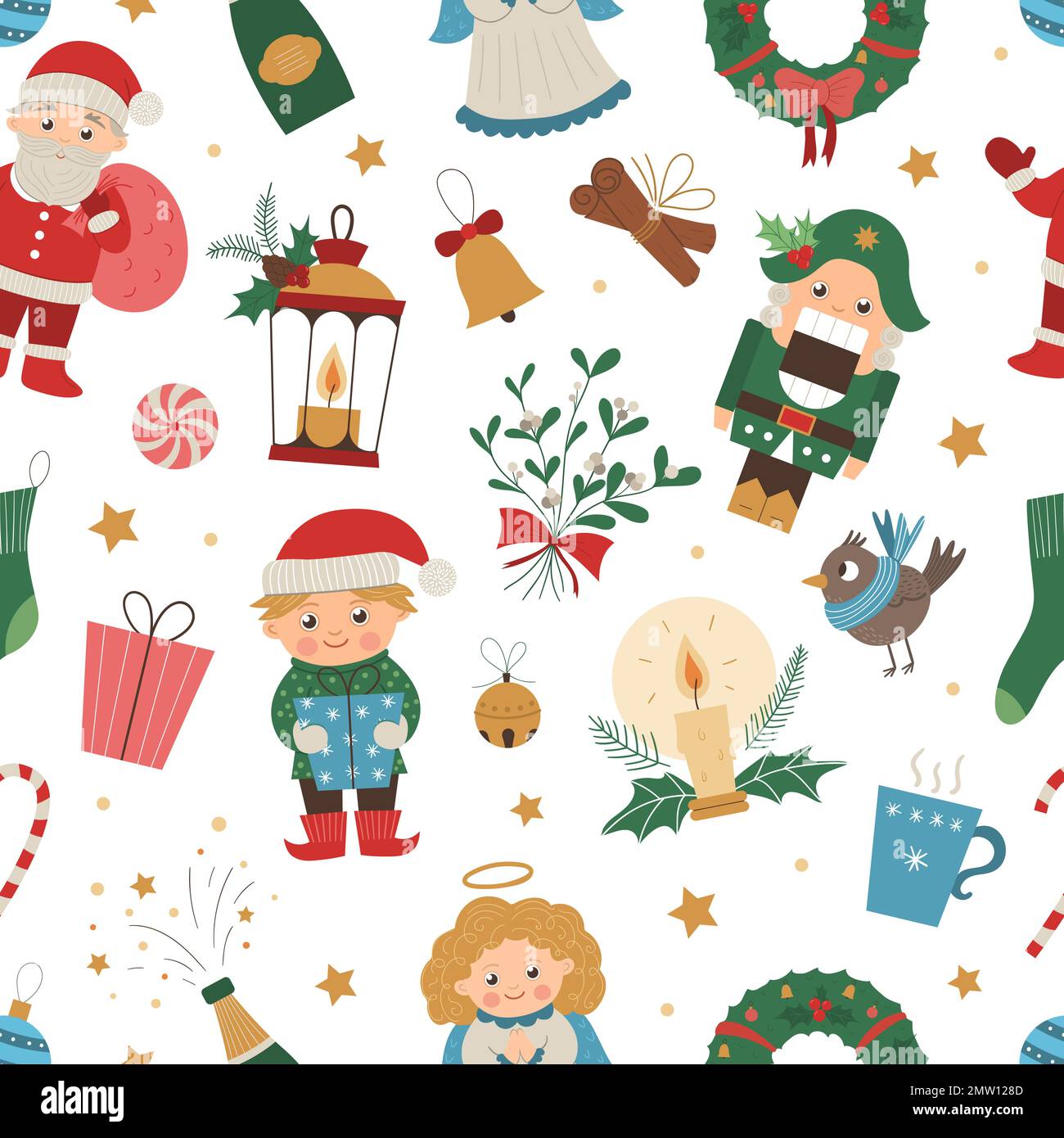 Vector seamless pattern of Christmas elements with Santa Claus, Angel, Nutcracker, Elf. Cute funny repeat background of new year symbols. Christmas fl Stock Vector
