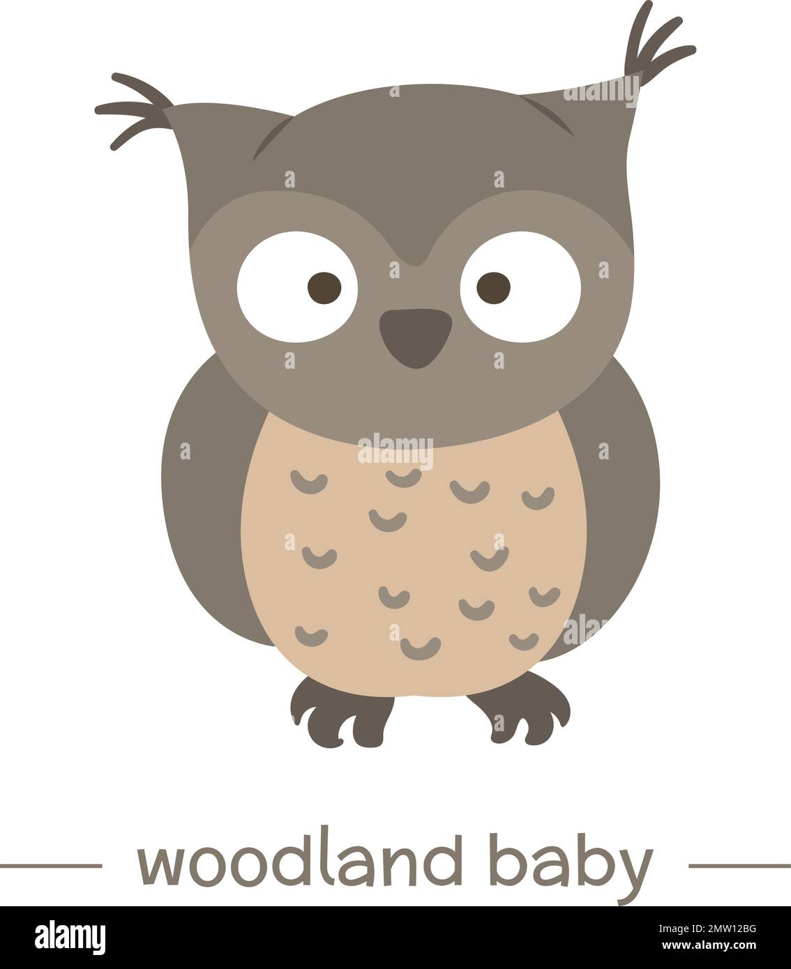 Vector hand drawn flat baby owl. Funny woodland animal icon. Cute forest animalistic illustration for children’s design, print, stationery Stock Vector