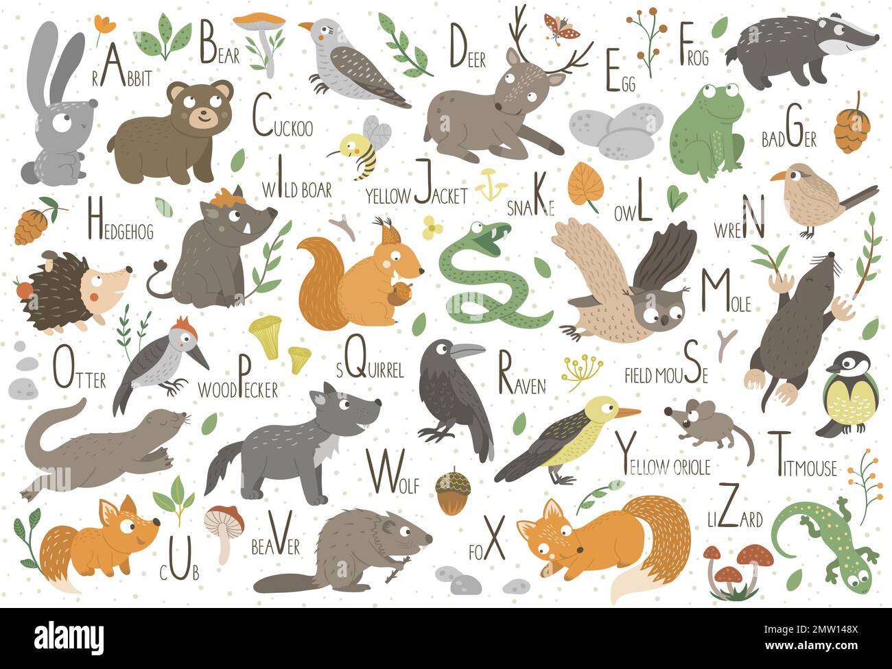 Woodland alphabet for children. Cute flat ABC with forest animals. Horizontal layout funny poster for teaching reading on white background. Stock Vector