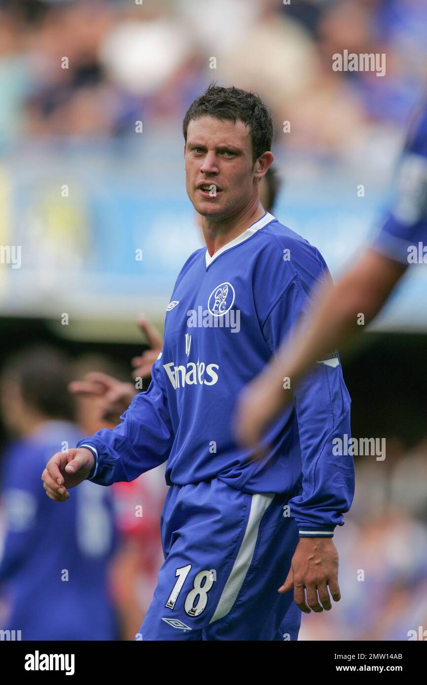 Wayne Bridge playing for Chelsea in action at Stamford bridge Chelsea in 2004This image is bound by Dataco restrictions on how it can be used. EDITORIAL USE ONLY No use with unauthorised audio, video, data, fixture lists, club/league logos or “live” services. Online in-match use limited to 120 images, no video emulation. No use in betting, games or single club/league/player publications Stock Photo