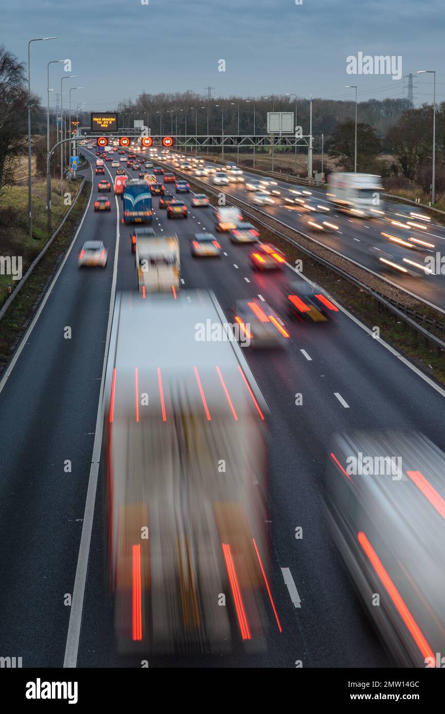 Long exposure photography of fast moving traffic speeding along the M42