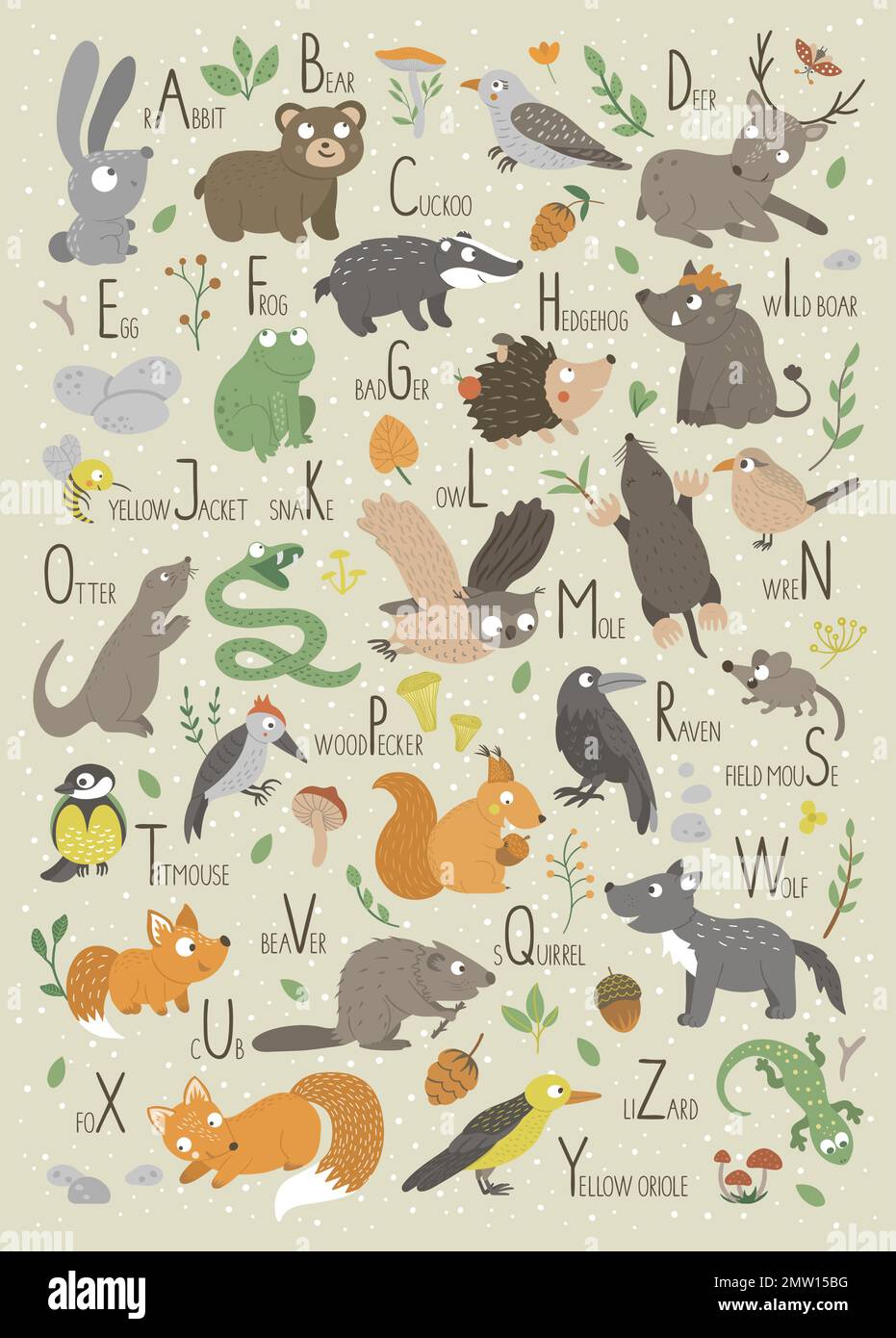 Woodland alphabet for children. Cute flat ABC with forest animals. Vertical layout funny poster for teaching reading. Stock Vector