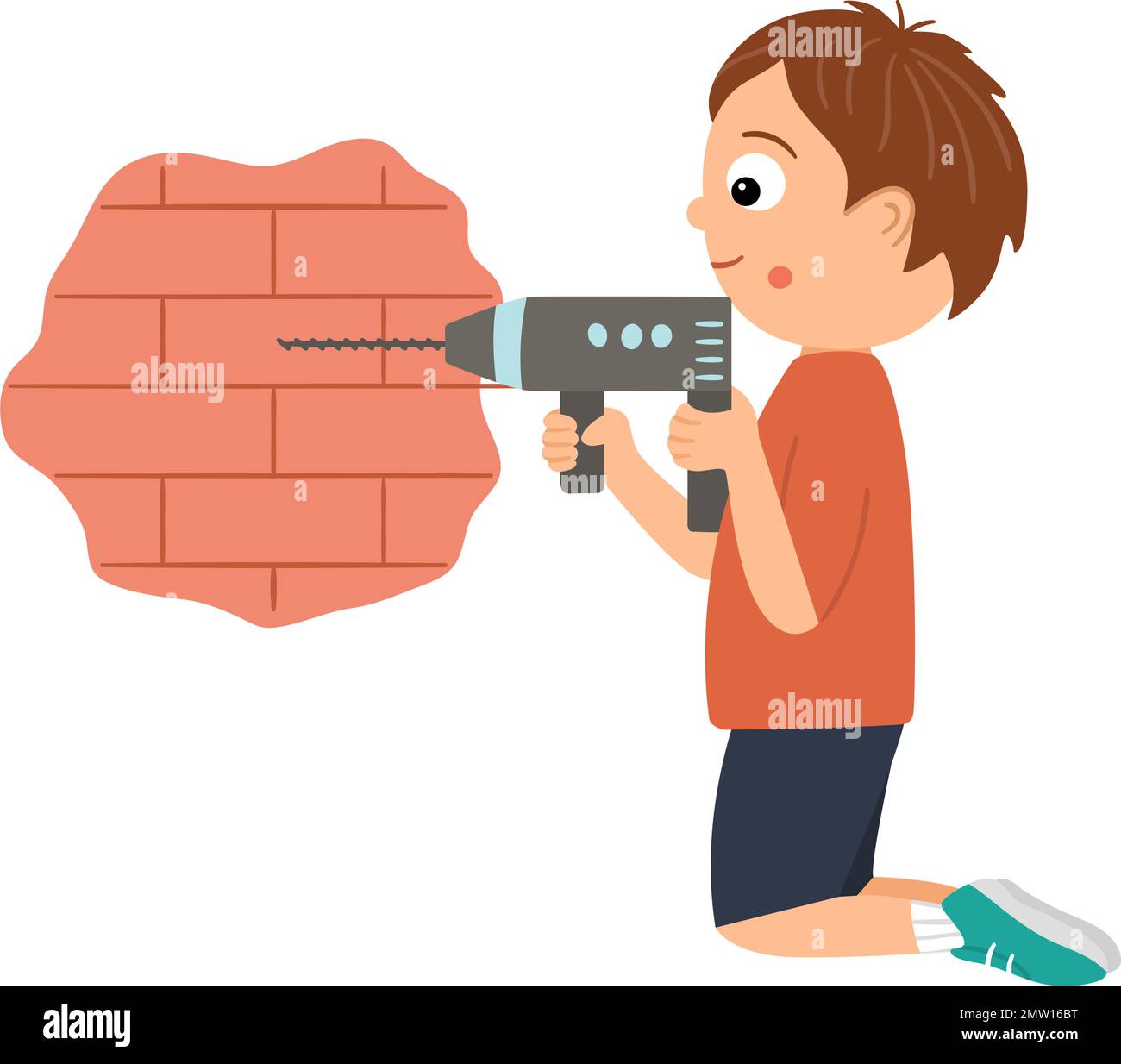 Vector working boy. Flat funny kid character drilling a brick wall with