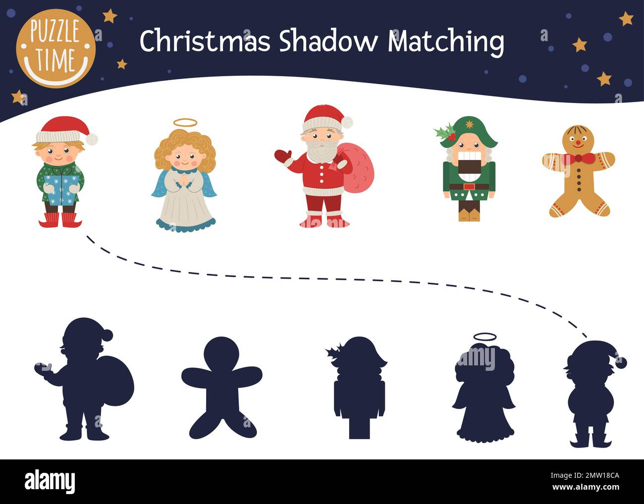 Christmas shadow matching activity for children with characters. Cute funny smiling Santa Claus, angel, elf, nutcracker, gingerbread man. Find the cor Stock Vector