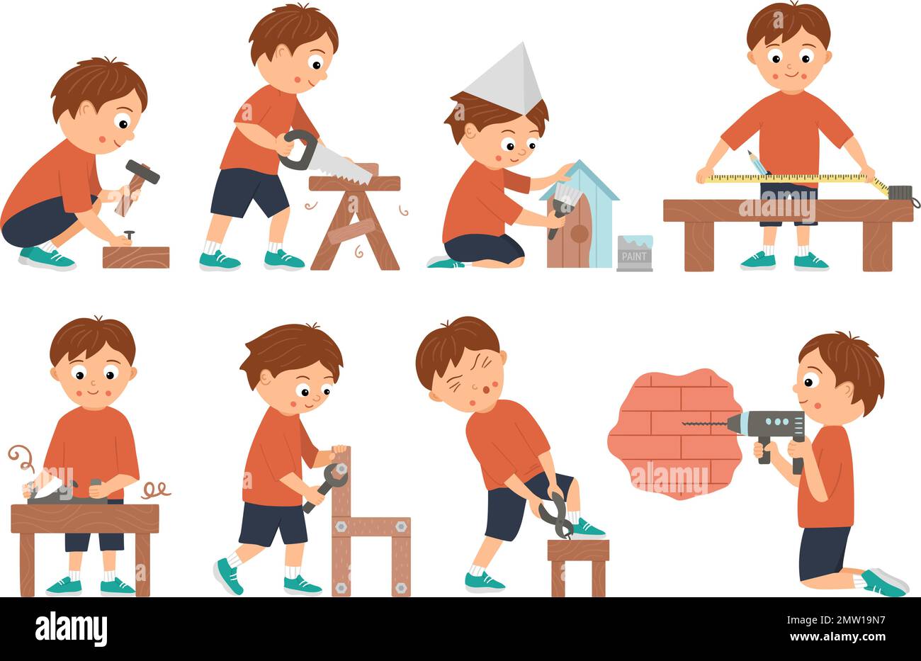 Vector set of boys doing carpenter, building or wood work. Flat funny kid character sawing, nailing up, measuring, drilling a wall, screwing, working Stock Vector