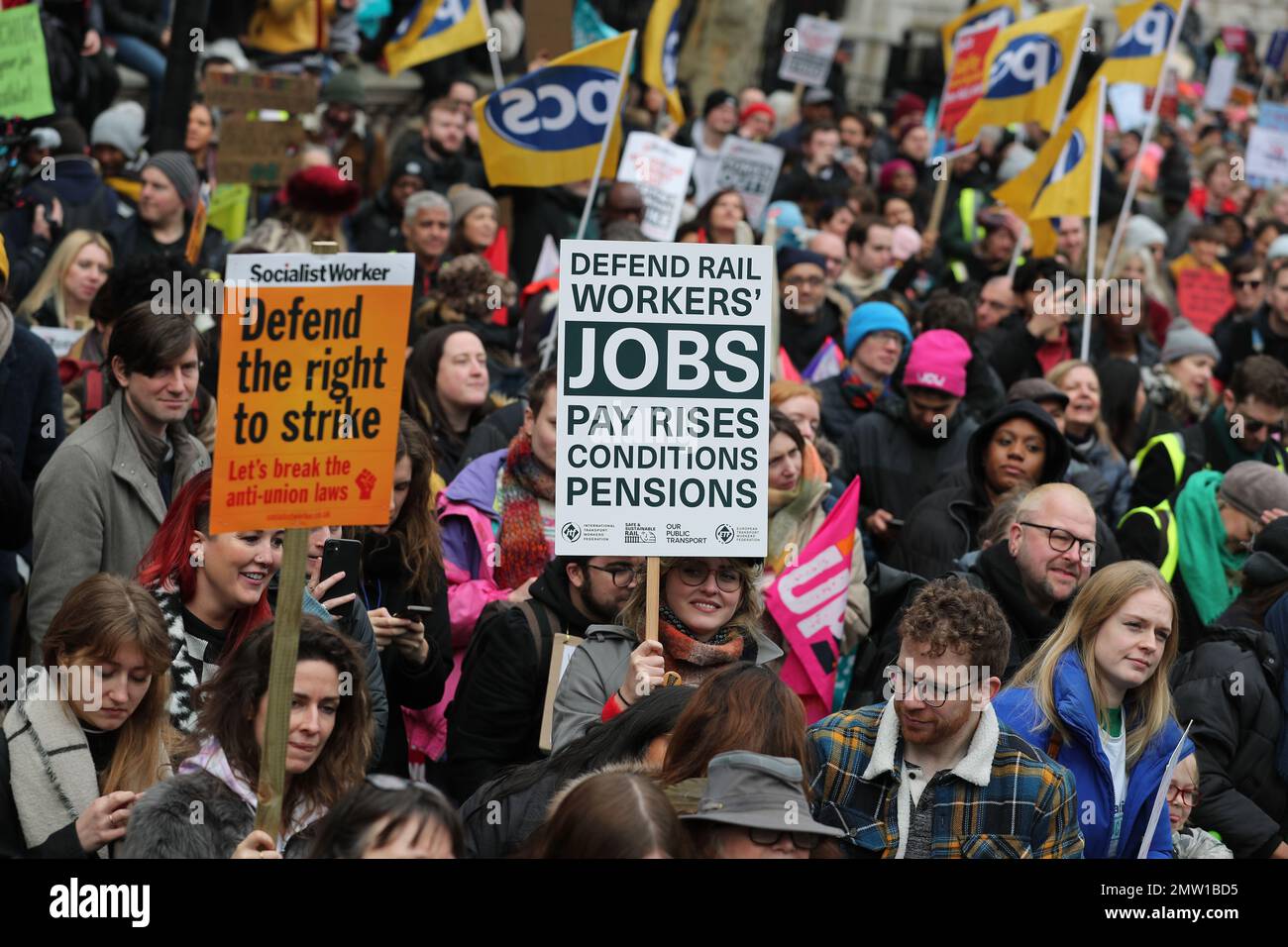 LONDON, 1st February 2023, 40,000 striking union members march through London in protest over pay, job conditions and funding. Stock Photo