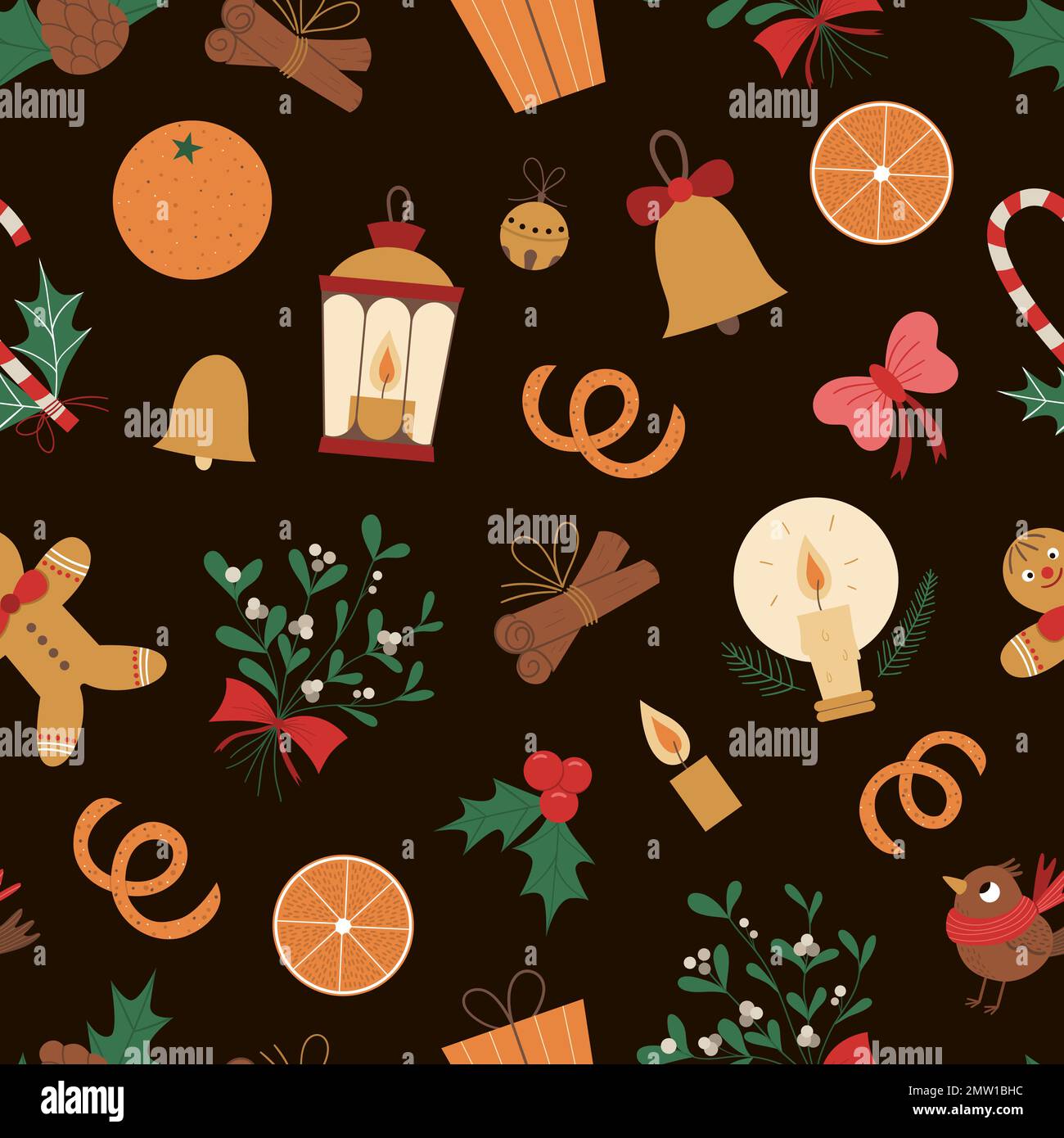 Vector seamless pattern of Christmas elements with lantern, gingerbread man, orange, mistletoe, candle on black background. Cute funny repeat texture Stock Vector
