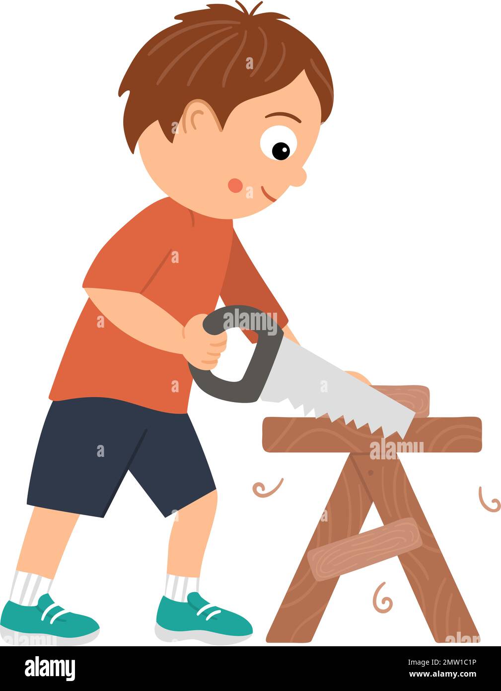 Vector working boy flat funny kid character sawing wood with a saw on 