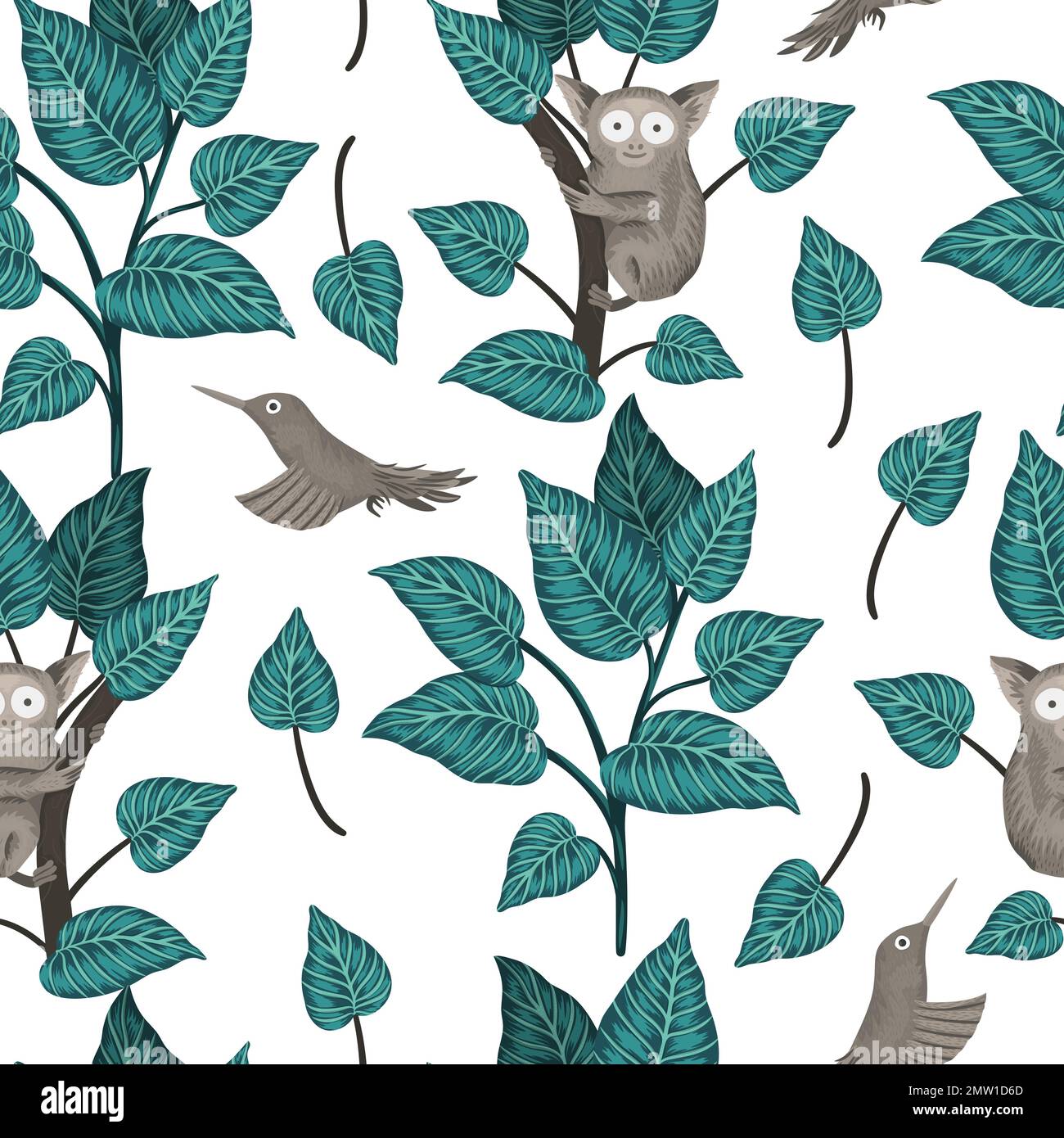 Vector seamless pattern with tropical plants, tarsier, paradise bird on ...