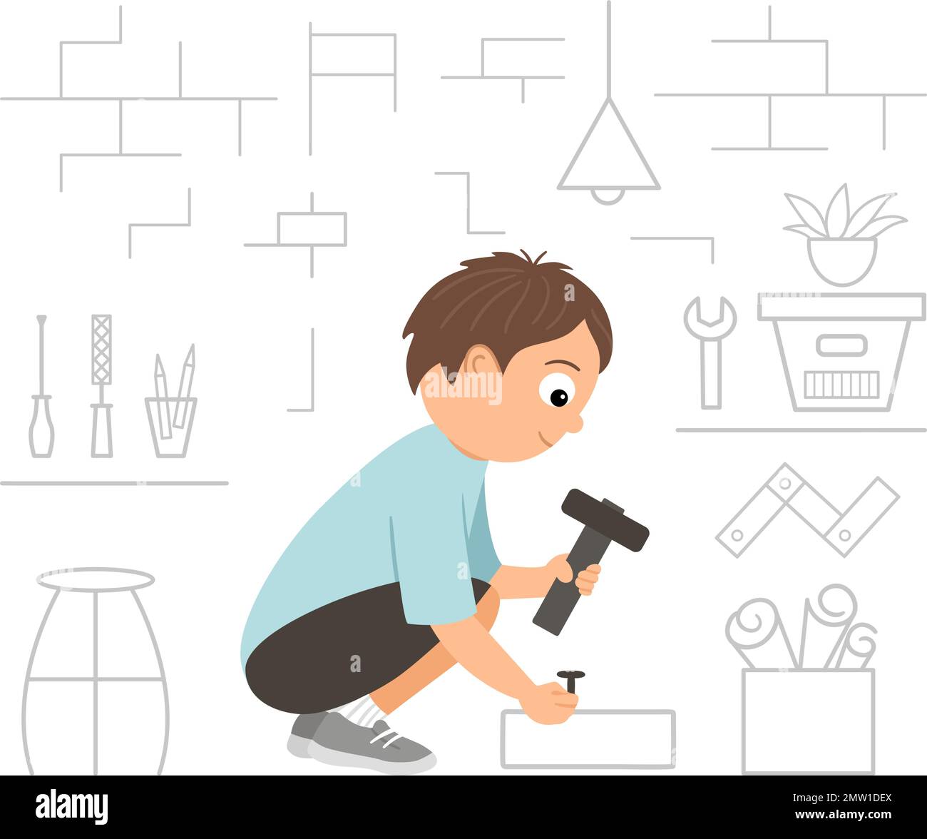 Vector working boy. Flat funny sitting kid character nailing up with a hammer on workshop background. Craft lesson illustration. Concept of a child le Stock Vector