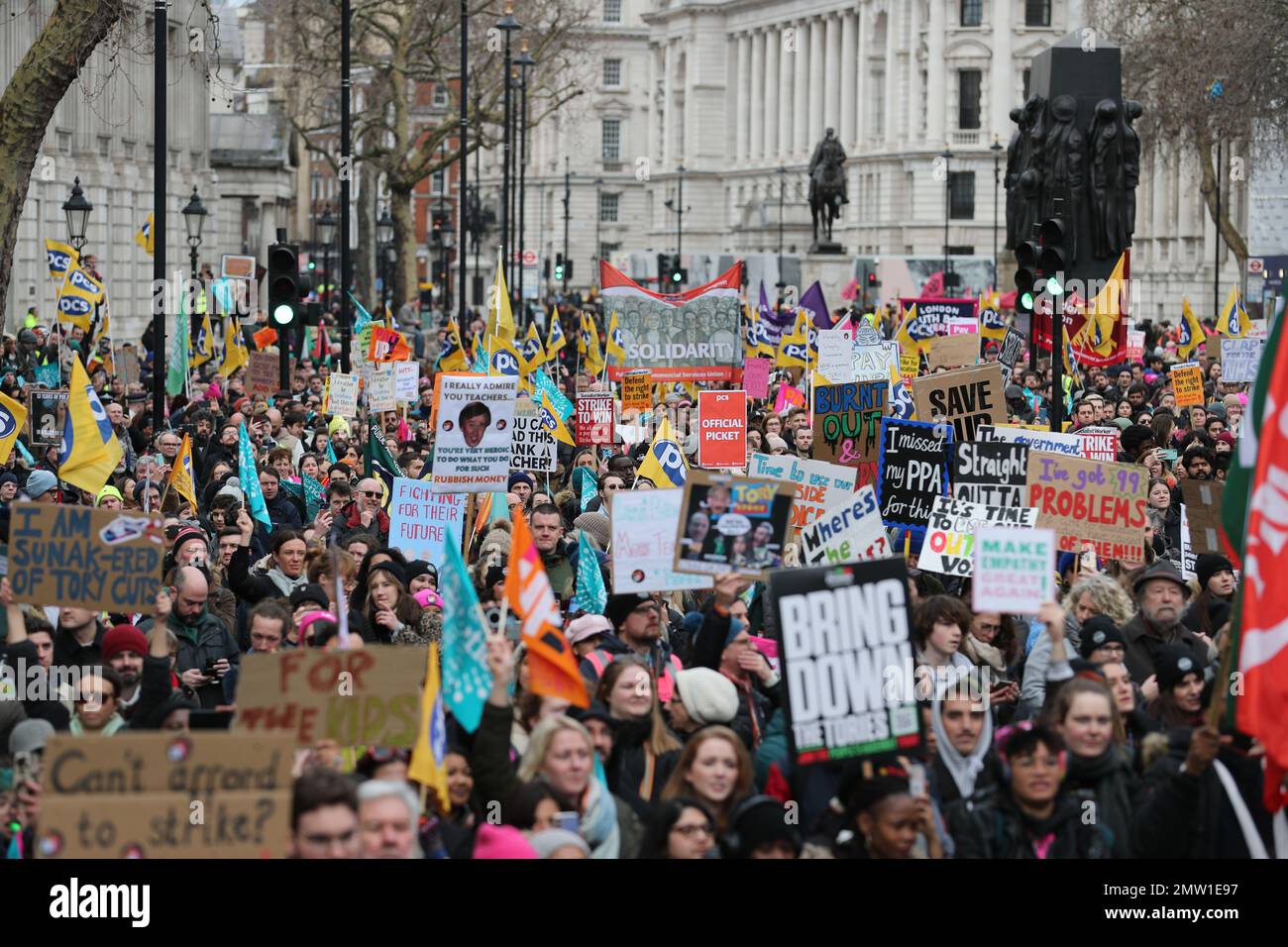 LONDON, 1st February 2023, 40,000 striking union members march through London in protest over pay, job conditions and funding. Stock Photo