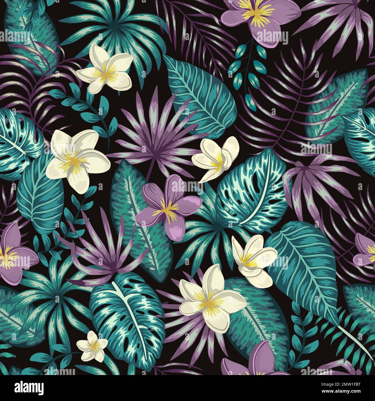 Vector seamless pattern of emerald green tropical leaves with white and ...