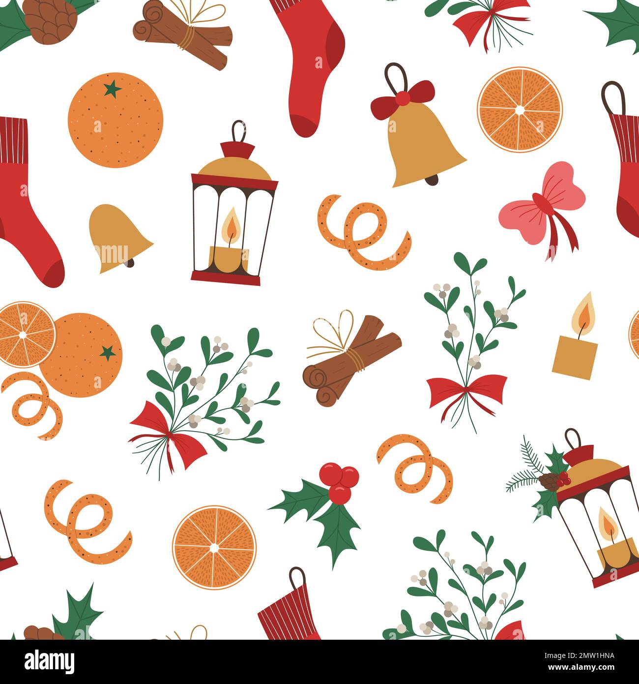 Vector seamless pattern of Christmas elements with lantern, stoking, orange, mistletoe, candle. Cute funny repeat background of new year symbols. Chri Stock Vector