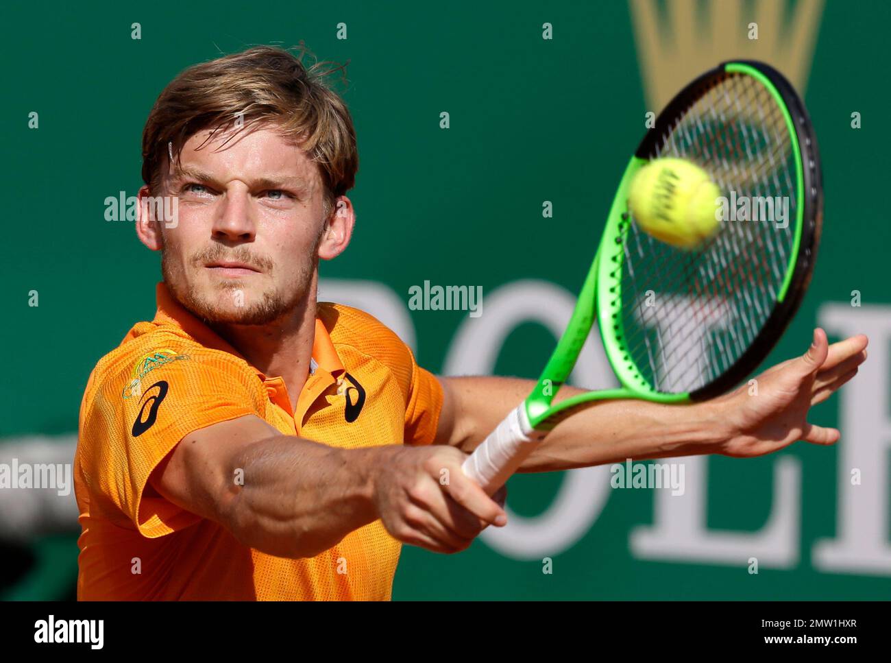 Belgiums David Goffin returns the ball to Spains Rafael Nadal during their semifinal match of the Monte Carlo Tennis Masters tournament in Monaco, Saturday, April, 22, 2017