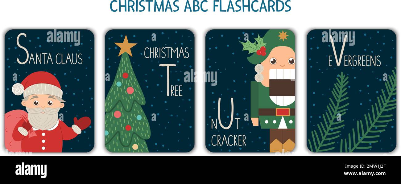Colorful alphabet letters S, T, U, V. Phonics flashcard. Cute Christmas themed ABC cards for teaching reading with funny Santa Claus, Christmas tree, Stock Vector