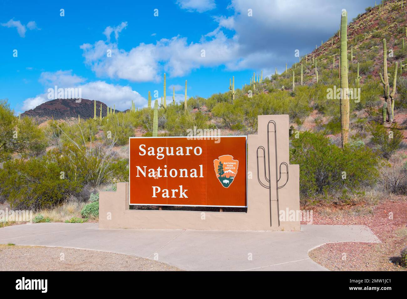 Sign of Saguaro National Park in Tucson Mountain District in Saguaro National Park in city of Tucson, Arizona AZ, USA. Stock Photo