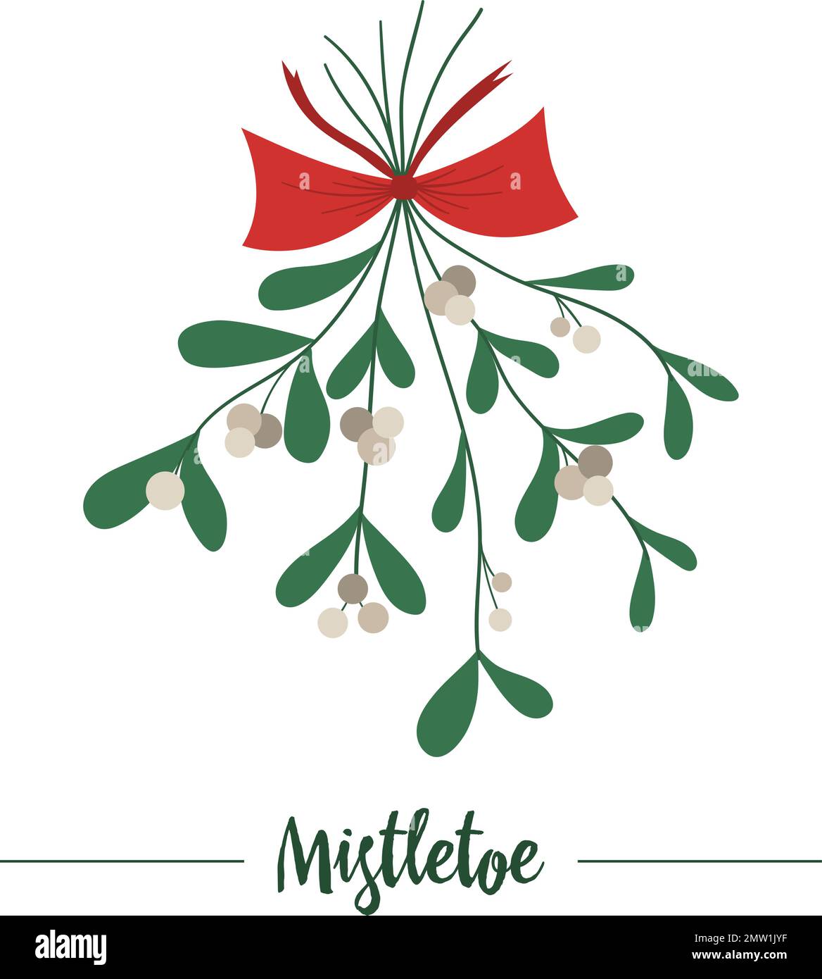 Vector mistletoe with red bow hung upside down isolated on white background. Cute funny illustration of new year symbol. Christmas flat style traditio Stock Vector