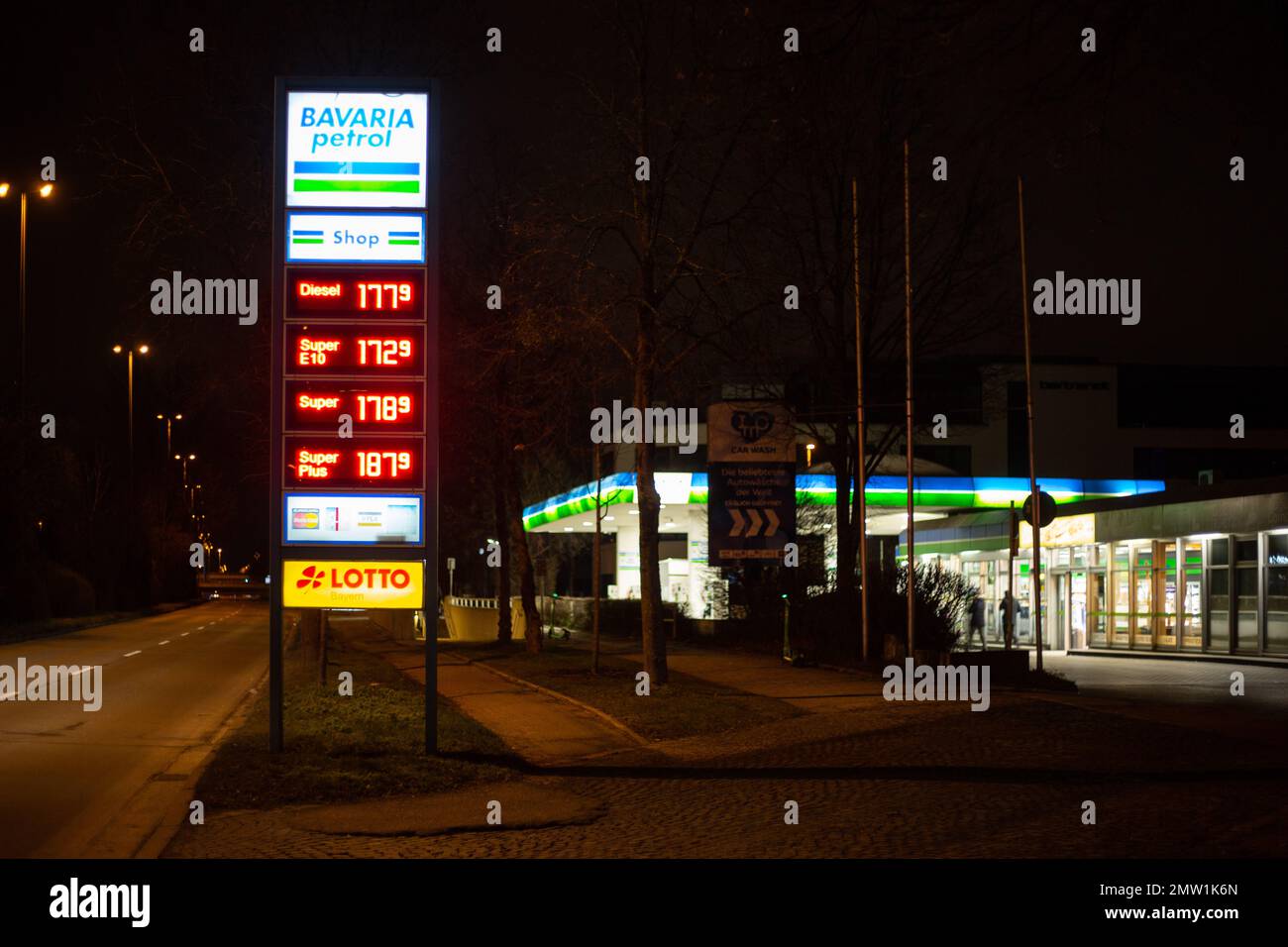 Munich, Germany. 01st Feb, 2023. Bavaria Petrol Gas station at night on