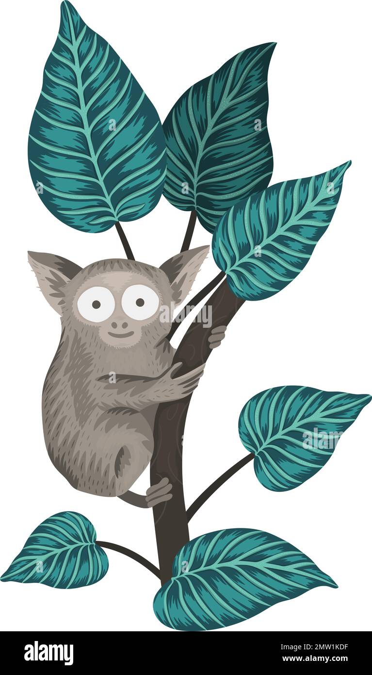 Vector tarsier on a tree with leaves isolated on white background ...