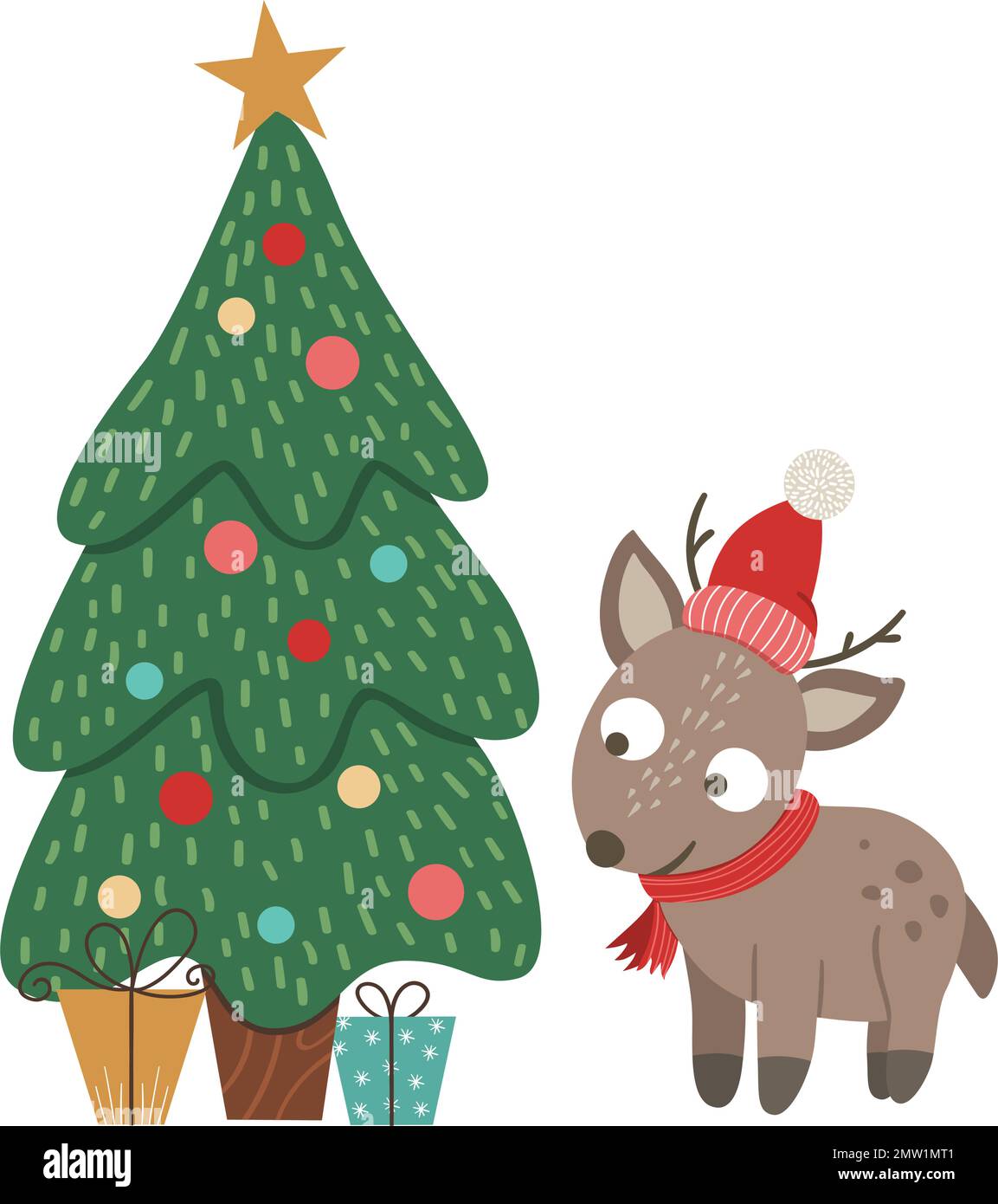 Vector cute little deer in red hat and scarf with fir tree and presents ...