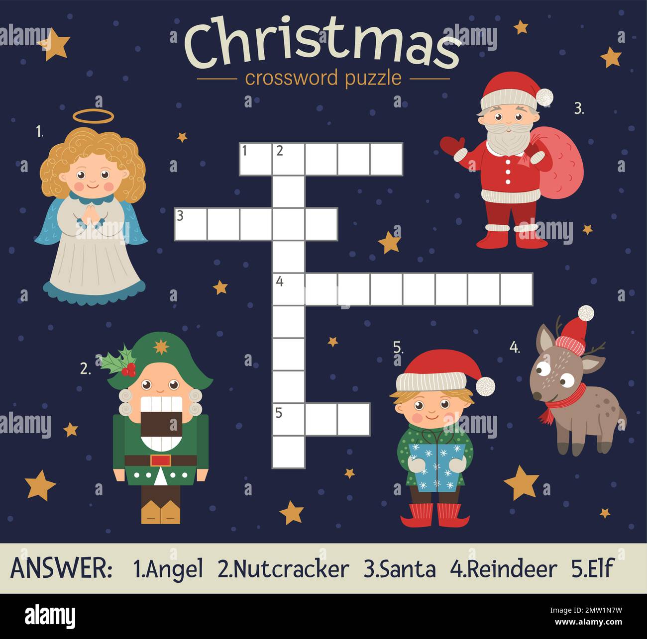 Vector Christmas crossword puzzle. Bright and colorful winter quiz for children. Educational New Year activity with Santa Claus, Angel, Nutcracker, El Stock Vector