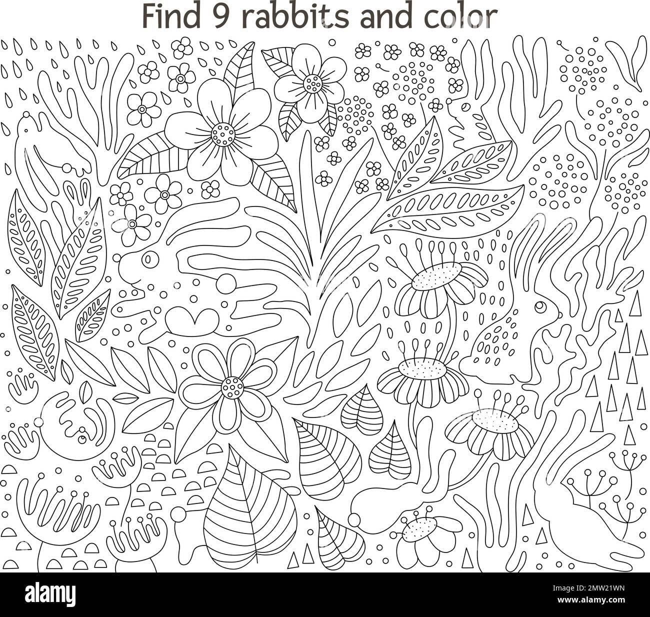 Vector line art illustration of rabbits among flowers and plants