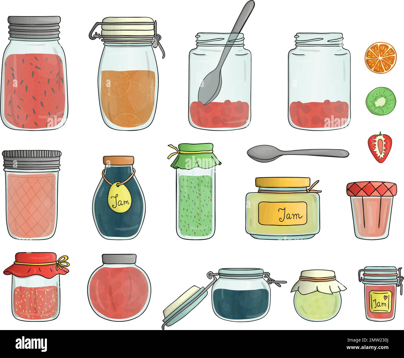 Vector set of colored glass jam jars isolated on white background