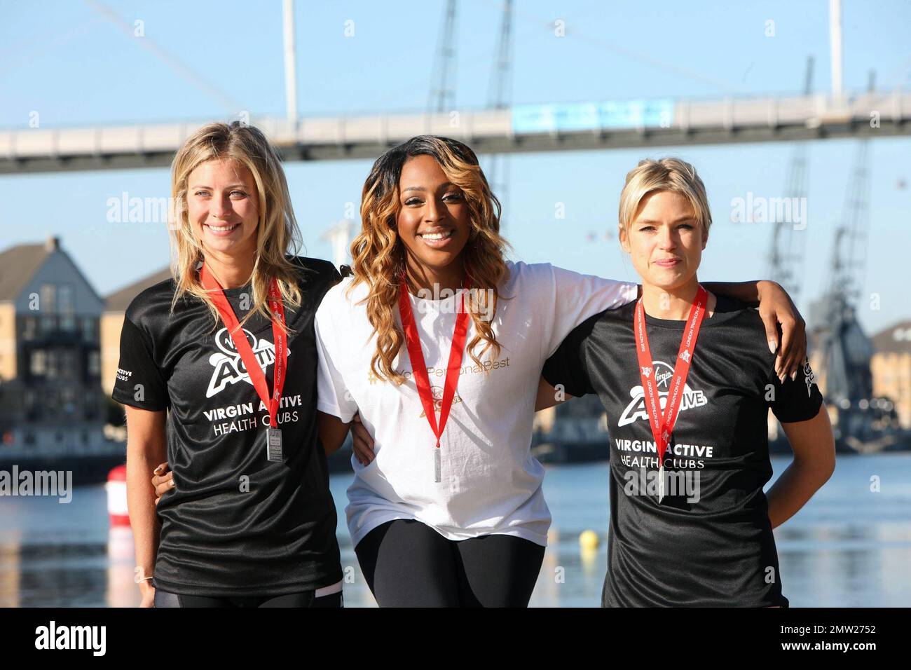 Holly Branson, Alexandra Burke and Isabella Calthorpe at the Virgin Active London Triathlon at the XL Centre. London, UK. 22nd September 2012. Stock Photo