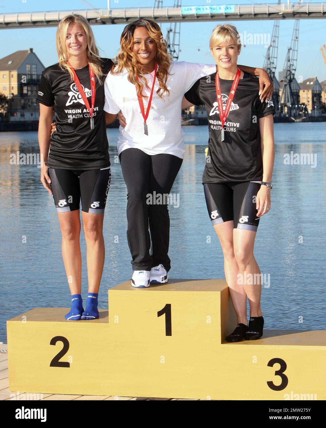 Holly Branson, Alexandra Burke and Isabella Calthorpe at the Virgin Active London Triathlon at the XL Centre. London, UK. 22nd September 2012. Stock Photo