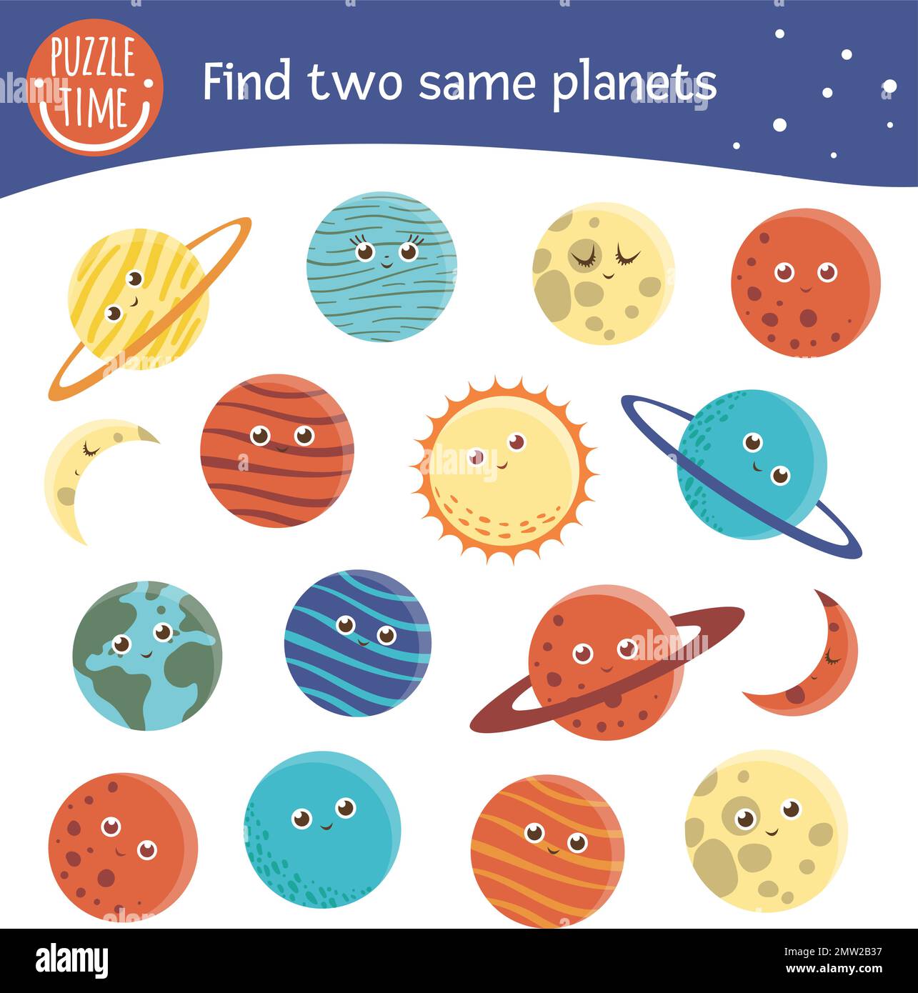 Find two same Space matching activity for preschool children. Funny cosmic game for