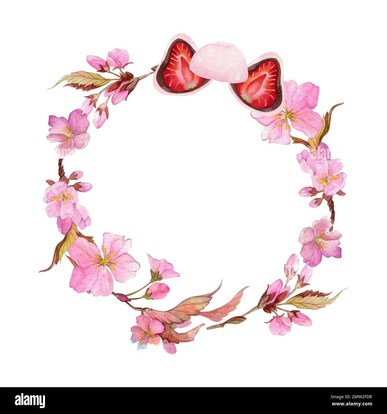 Watercolor hand drawn traditional Japanese sweets. Circle wreath of