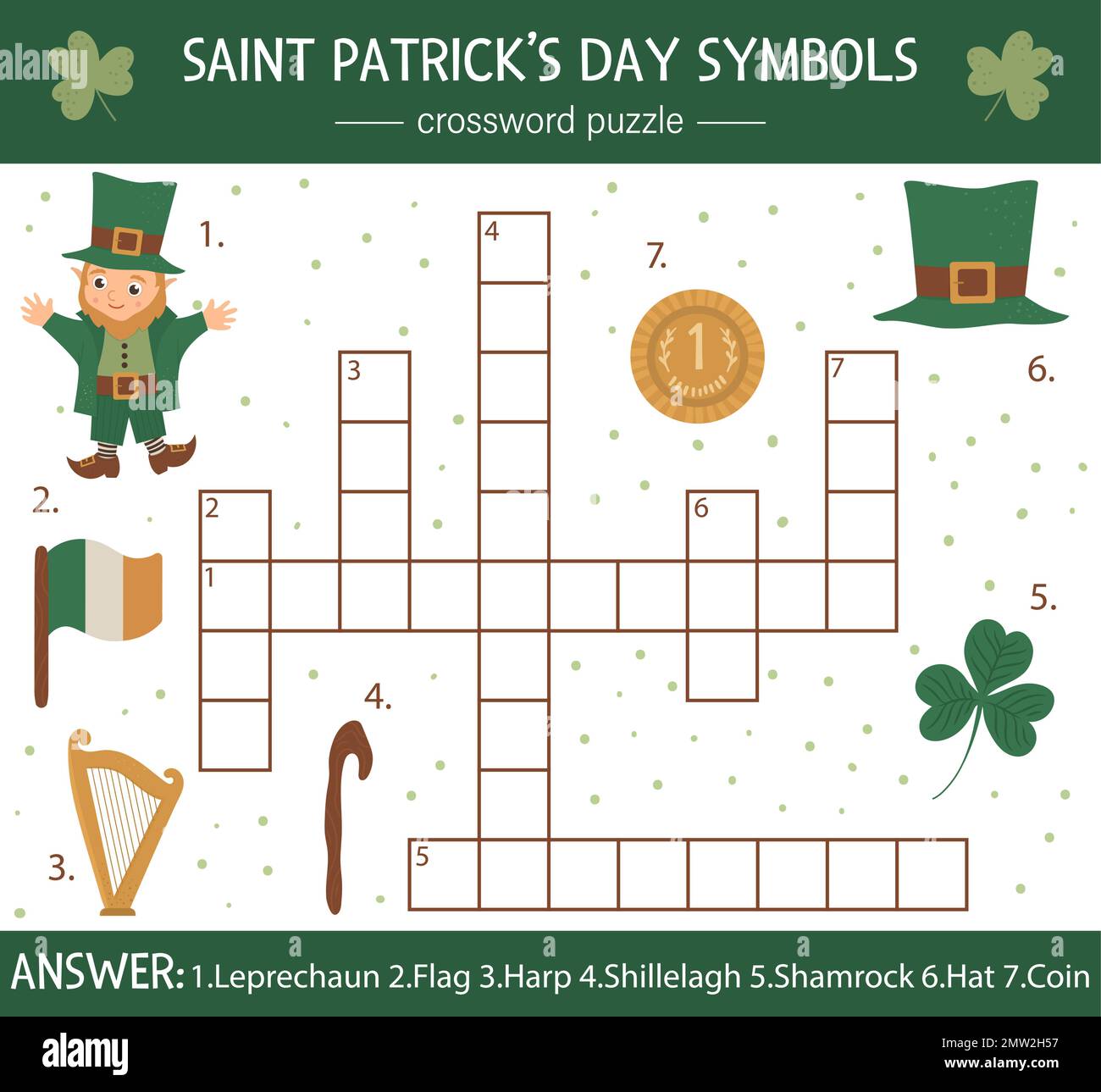 Vector Saint Patrick’s Day crossword puzzle. Bright and colorful spring quiz for children. Educational Irish holiday activity with leprechaun, hat, sh Stock Vector