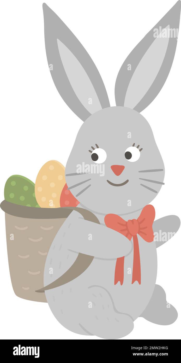 Vector illustration of cute bunny carrying a basket with colored egg ...