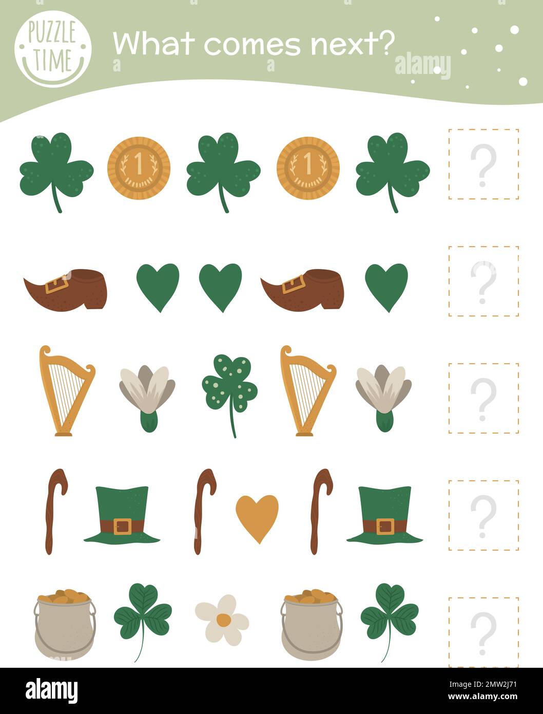 What comes next. Saint Patrick’s Day matching activity for preschool children with holiday symbols. Funny spring game for kids. Logical quiz worksheet Stock Vector