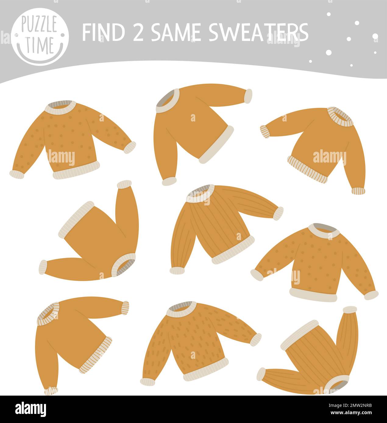 Find two same sweaters. Winter matching activity for preschool children. Funny game for kids with clothes. Logical quiz worksheet. Stock Vector