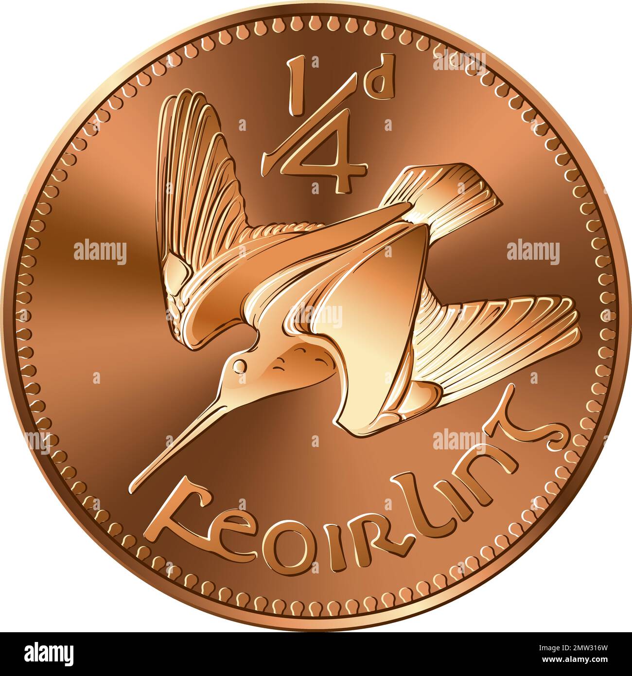Irish money Pre-decimal gold coin Farthing with woodcock on reverse Stock Vector