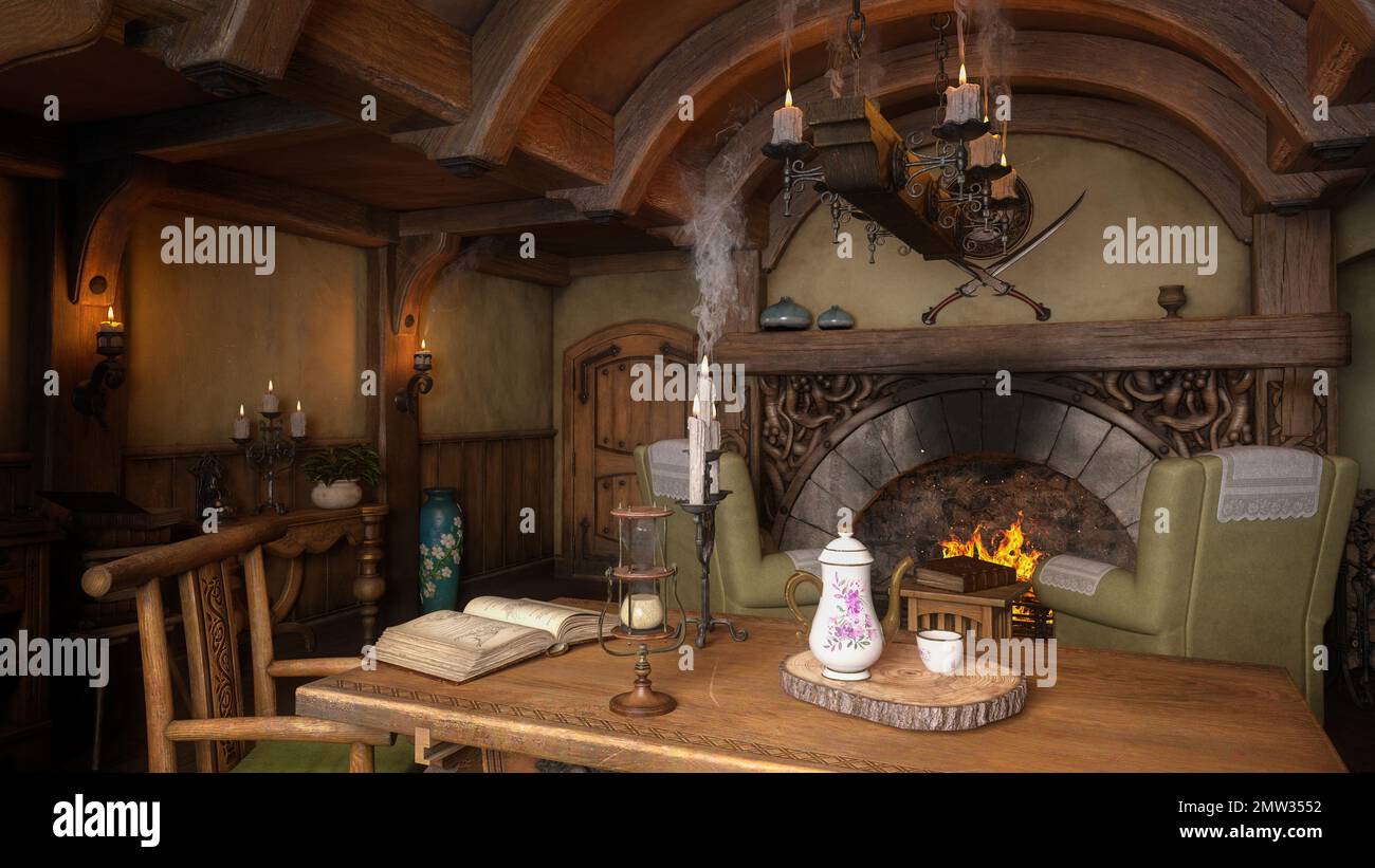 Cosy living room in a small medieval fantasy cottage style home for ...