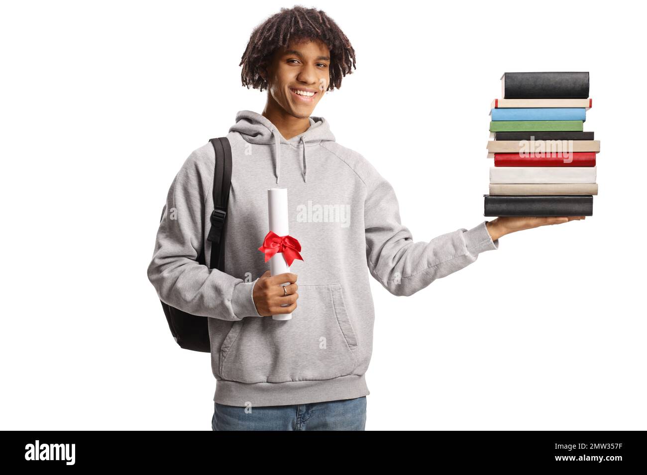 Young male african american student with a backpack holding a diploma ...