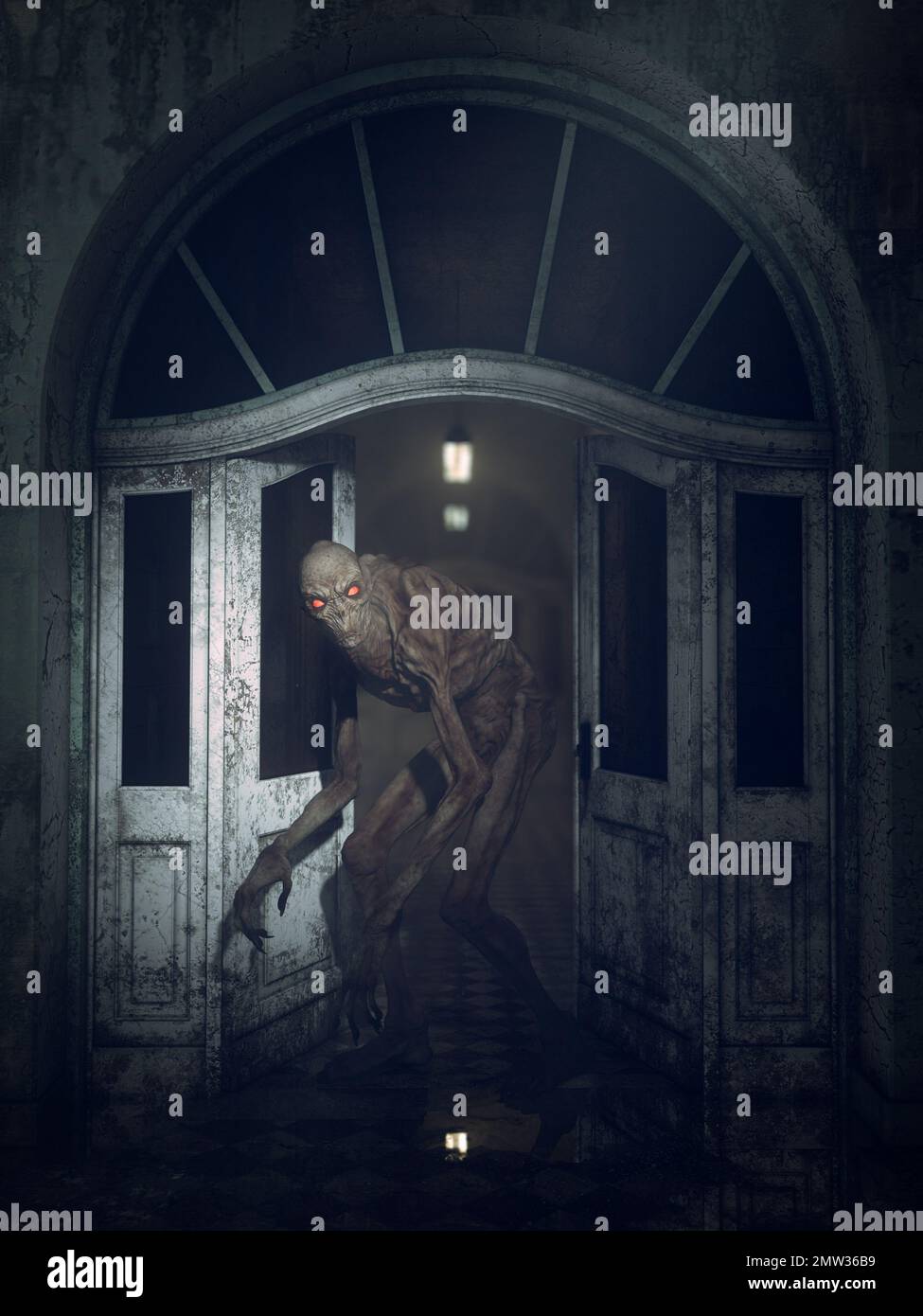 Bogeyman monster creeping through hallway of old abandoned hospital or