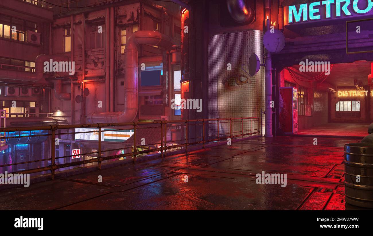 Cyberpunk streets, futuristic city, wallpaper, rain, foggy, dystopia, moody  empty future, art illustration Stock Illustration