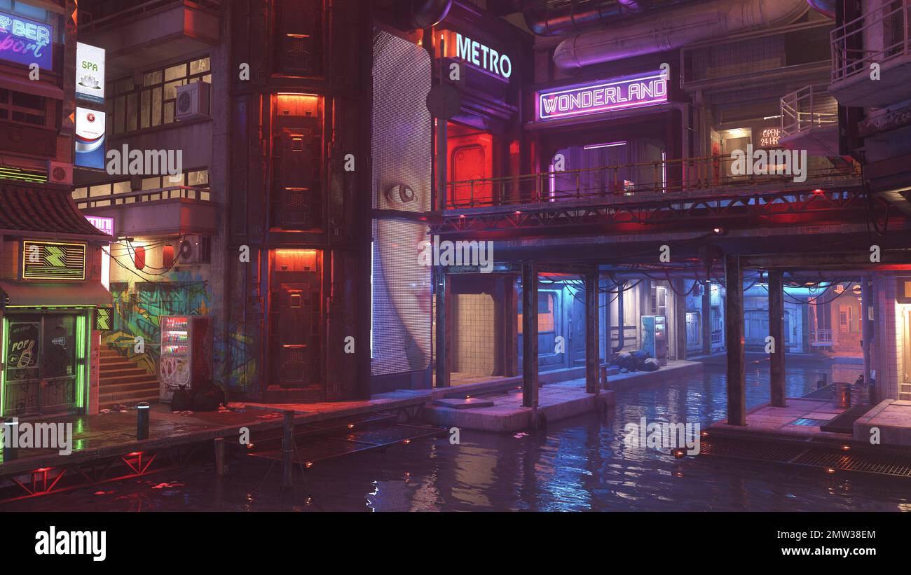 cyberpunk,city,metropolis,neon, rain,art illustration Stock Illustration