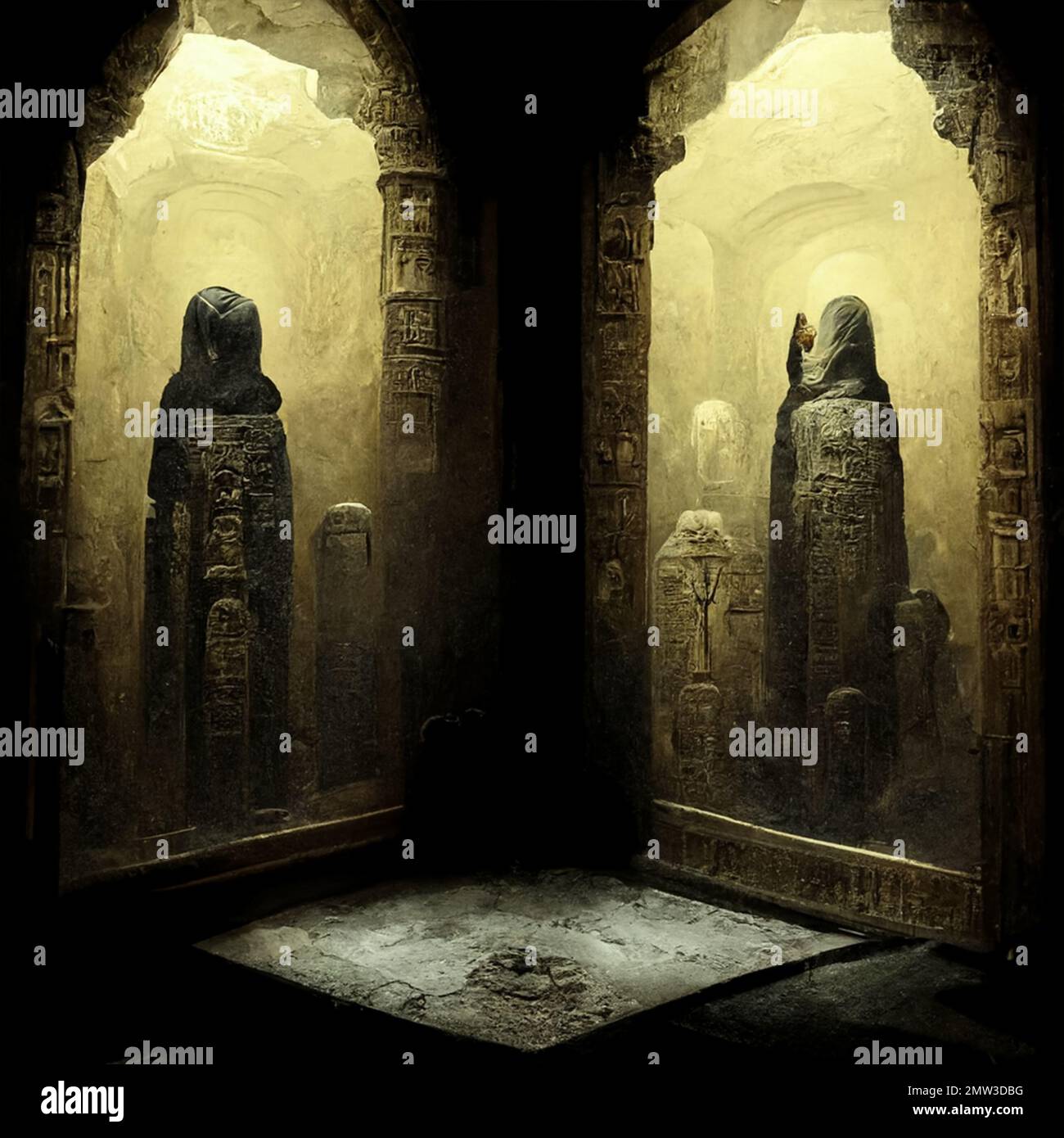 A digital illustration inside the Egyptian pyramids carved statues and figures Stock Photo Alamy