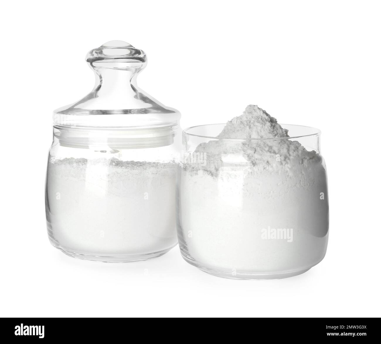 Organic flour in glass jars isolated on white Stock Photo Alamy