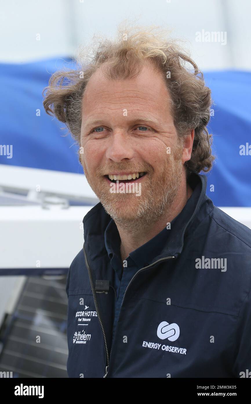 Jérôme Delafosse France's Jerome Delafosse, explorer and filmmaker, left, speaks with France's Victorien Erussard captain of the Energy Observer, a former race boat turned into a autonomous navigation with hydrogen after an interview with