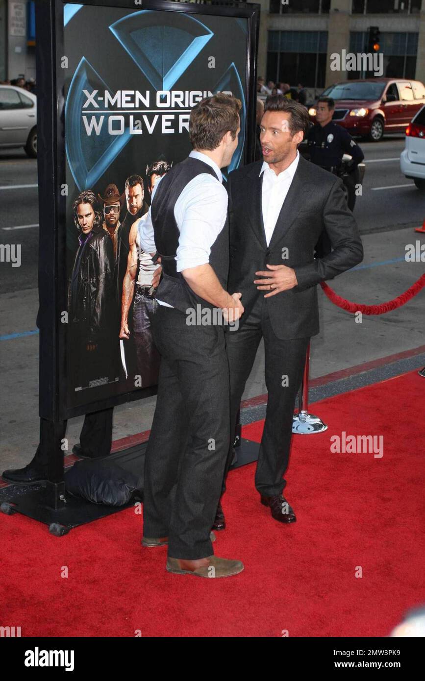 Hugh Jackman and Ryan Reynold play around at the film premiere of 20th Century Fox X-MEN ORIGINS:WOLVERINE at Graumans Chinese Theater in Hollywood.  Los Angeles, CA 4/28/09 Stock Photo